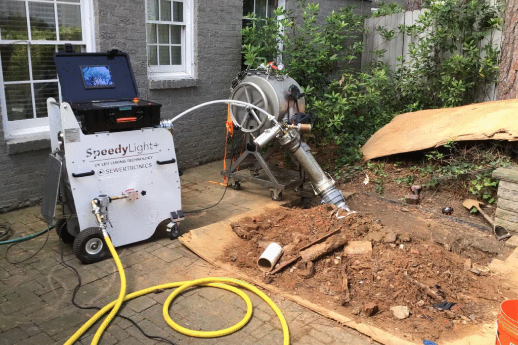 Pelican Underground Llc repairs a broken sewer pipe next to a house, using trenchless equipment for quick and safe fixing.