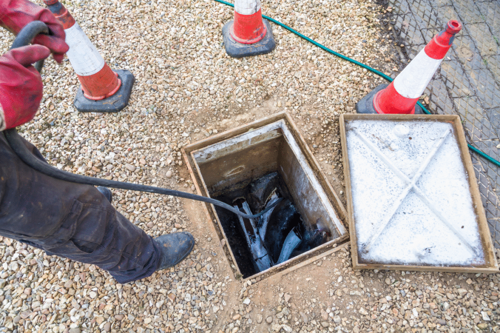 Pelican Underground Llc staff prepares for sewer repair, safely working near an open manhole using the right tools and safety steps.