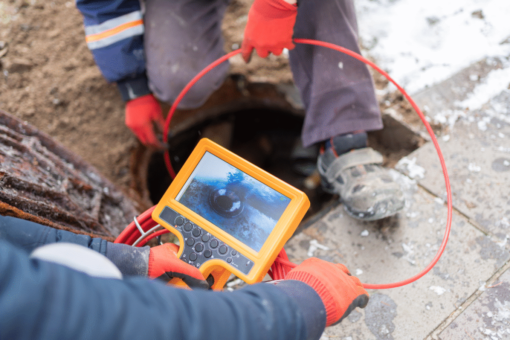 Pelican Underground LLC workers inspect pipes outdoors using a camera system to check for cracks needing repair.