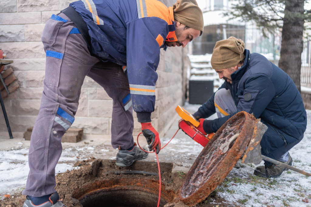 Pelican Underground LLC team checks a manhole, using trenchless pipe repair tools to fix cracked pipes in winter conditions.