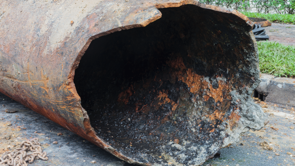 A damaged pipe from Pelican Underground Llc is on the ground, showing what can happen when old pipes break.