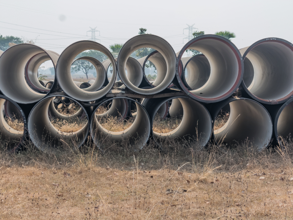 Pelican Underground LLC prepares strong concrete pipes for trenchless pipe repair, ready for use on installation sites.