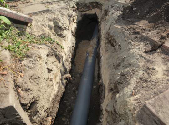 Pelican Underground Llc installs a new pipe for home drainage or plumbing, shown during ground installation work.
