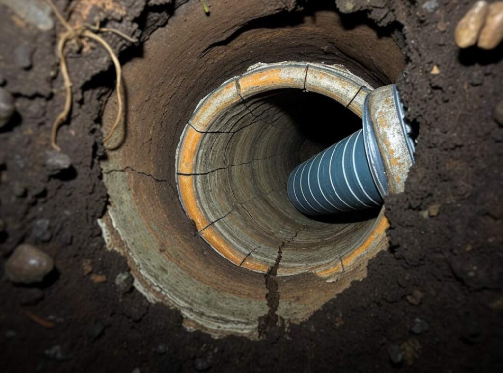 Pelican Underground LLC pipe repair shows a pipe with a crack and a tool inserted for fixing, suited for home pipelines.