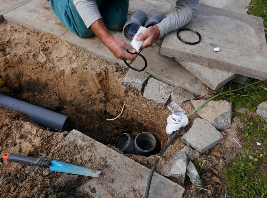 Pelican Underground Llc plumber fixes outdoor pipes, getting the system ready for better drainage at a home.