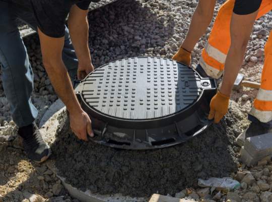 Pelican Underground Llc workers carefully install a manhole cover, showing dedication to safe and precise underground work.