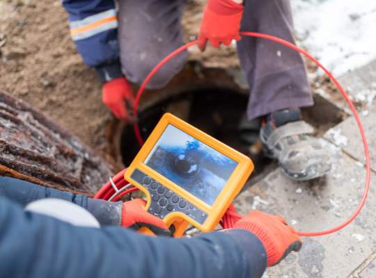Pelican Underground Llc workers check pipe condition through a manhole using a camera before trenchless sewer repair.