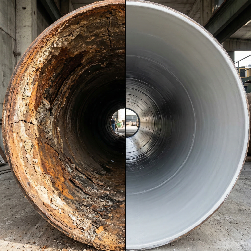 Pelican Underground Llc shows how they restore pipes to look new by fixing damage like rust and corrosion.