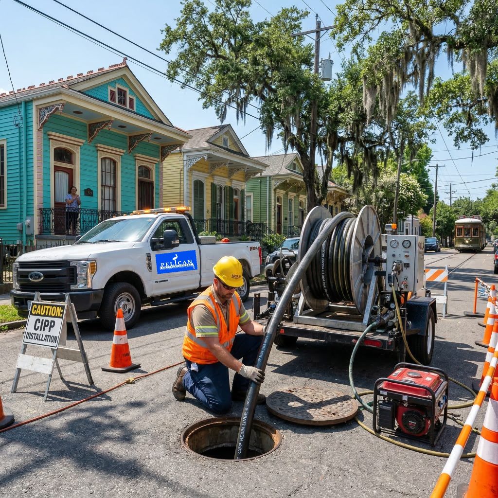 Pelican Underground Llc worker uses equipment for pipe repair on a neighborhood street, following clear safety steps.