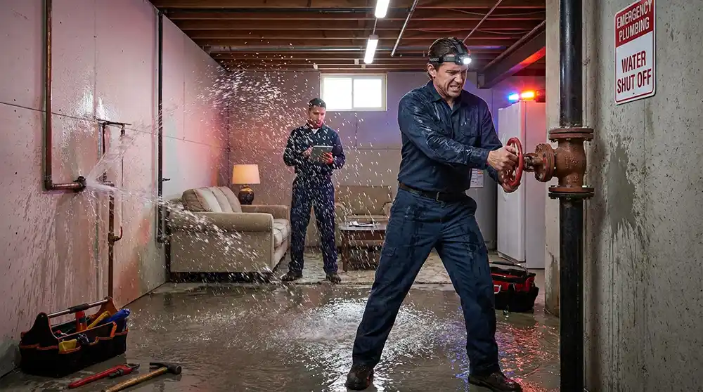 Pelican Underground Llc plumbers work together to fix basement flooding, stopping leaks and checking equipment for repairs.