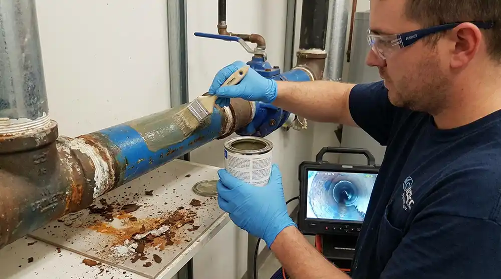 A Pelican Underground Llc worker treats a rusty pipe with special coating while checking results on a monitor.