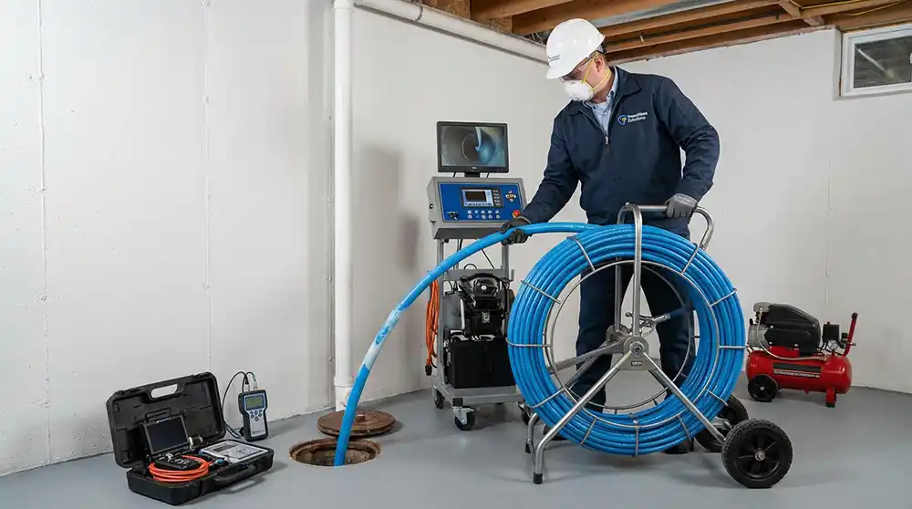 Pelican Underground Llc worker uses special gear to check basement drains, watching results on a screen for sewer inspection.