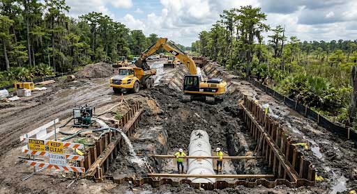 Pelican Underground Llc workers put in a big pipe to improve services, using safe practices at a forest site.