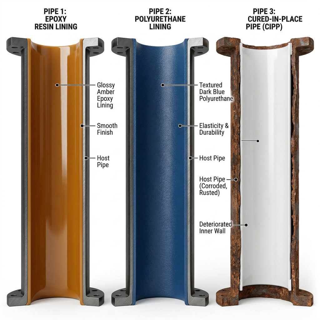 Pelican Underground LLC compares pipe linings: epoxy, polyurethane, and cured-in-place, showing their different features.