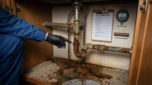 Pelican Underground Llc shows a person pointing out leaking, rusty pipes and damage under a sink as warning signs are noted.