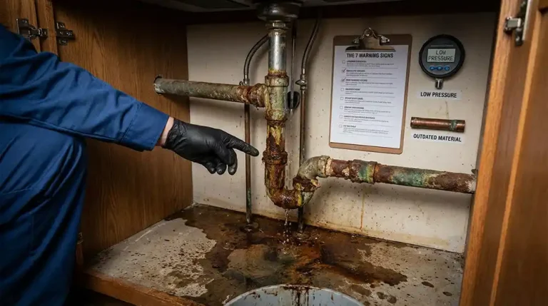 Pelican Underground Llc shows a person pointing out leaking, rusty pipes and damage under a sink as warning signs are noted.