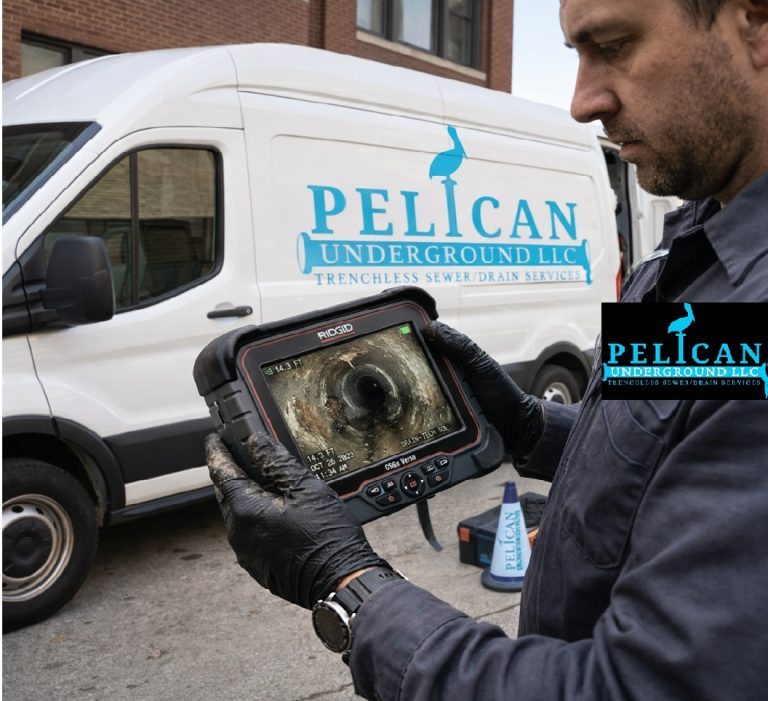 A worker checks a sewer pipe video for Pelican Underground Llc, showing they handle underground inspections and repairs.