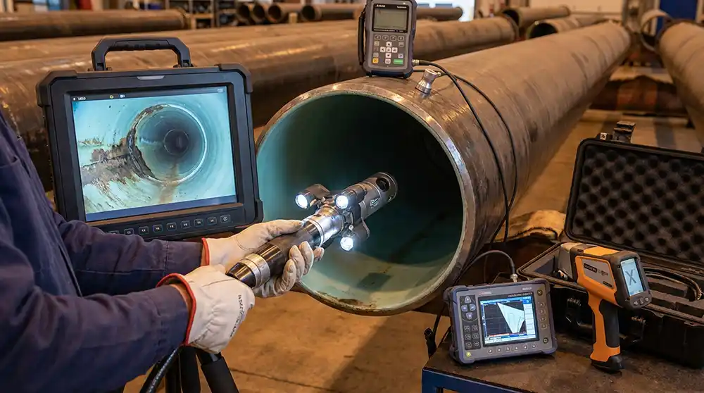 Pelican Underground LLC worker checks inside a pipe using special tools to make sure everything works and looks safe.