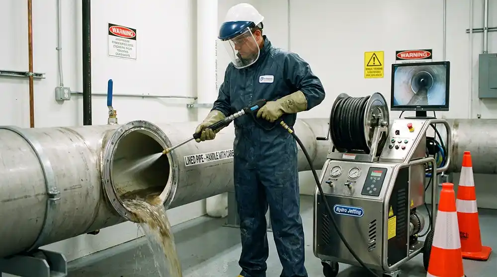 Pelican Underground Llc worker safely cleans a big pipe with special water tools, keeping the area protected and clean.