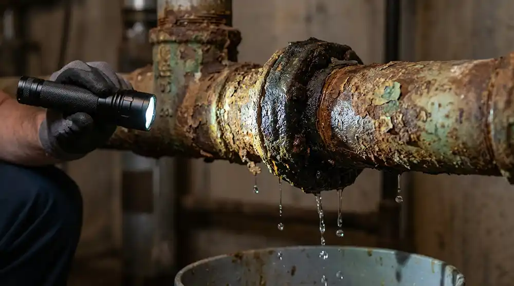 Pelican Underground Llc worker checks a leaking metal pipe, using a flashlight to see where water is dripping into a bucket.