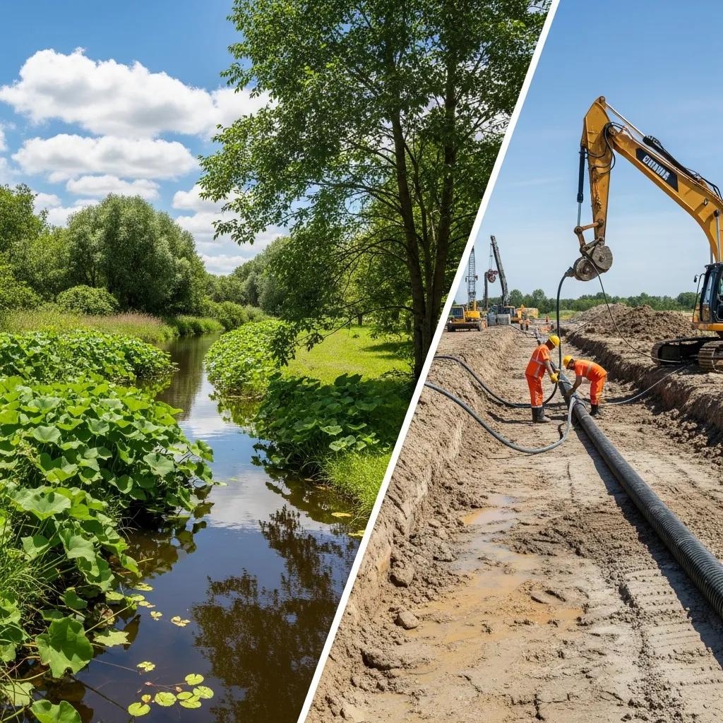 Pelican Underground LLC shows a riverbank and their team installing a large pipe, highlighting environmental care and work.