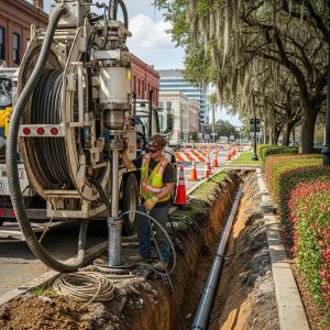 Pelican Underground Llc shows safe utility work by a street, with workers and equipment maintaining underground pipes.