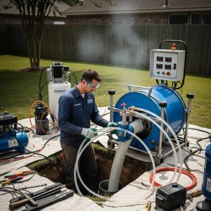 A Pelican Underground LLC worker uses equipment in a backyard to safely fix something underground.