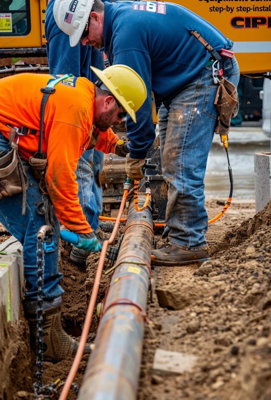 Pelican Underground Llc workers safely check or fit a big pipe in a trench to help build strong underground systems.