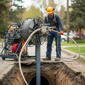 A Pelican Underground LLC worker maintains utility lines underground on a quiet neighborhood street.