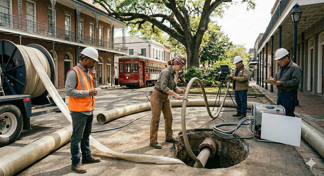 Pelican Underground Llc crew works together fixing underground pipes on a busy city street, showing teamwork and safety.