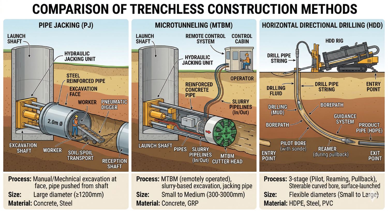 Pelican Underground Llc infographic shows how three trenchless construction methods work and what makes each different.