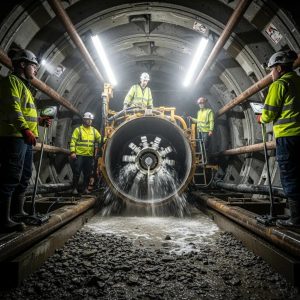 Pelican Underground LLC crew at work in a tunnel, managing water flow from large pipes to keep the site safe and running.