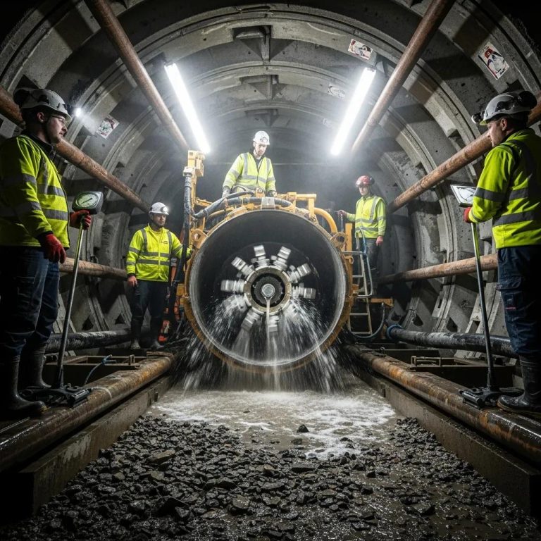 Pelican Underground LLC crew at work in a tunnel, managing water flow from large pipes to keep the site safe and running.