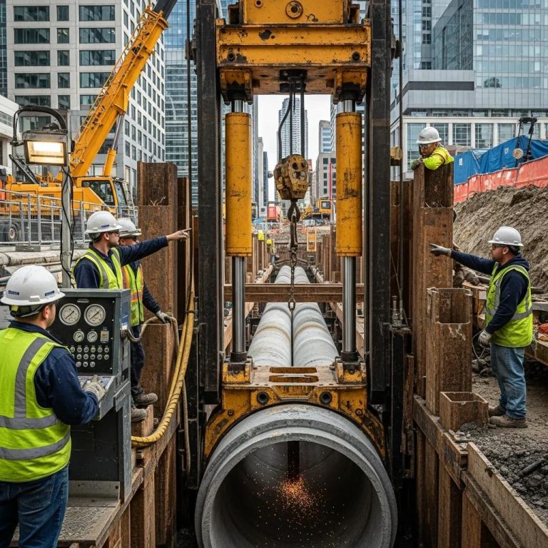 Pelican Underground LLC workers use machines to install concrete pipes underground, helping city areas with safe pipe systems.