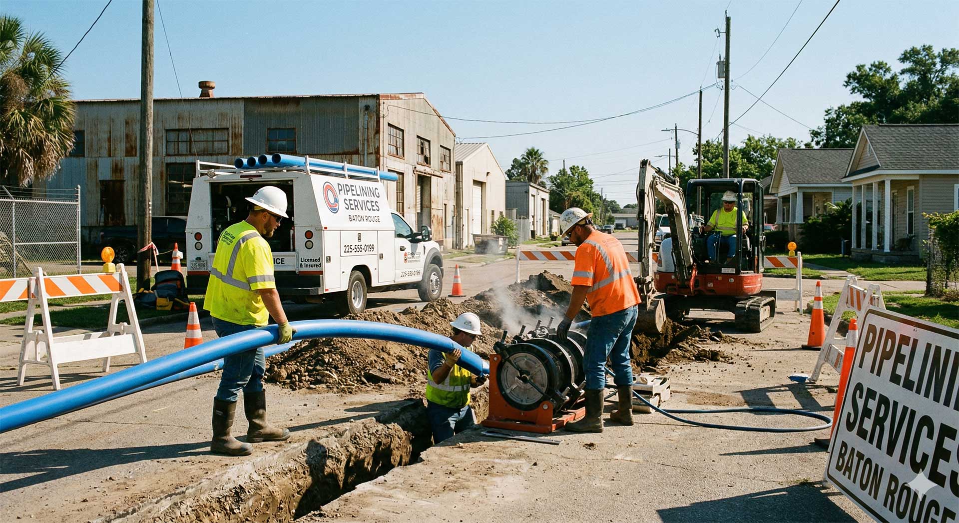 Pelican Underground LLC workers install a pipeline in a neighborhood to improve water service and keep the area safe.