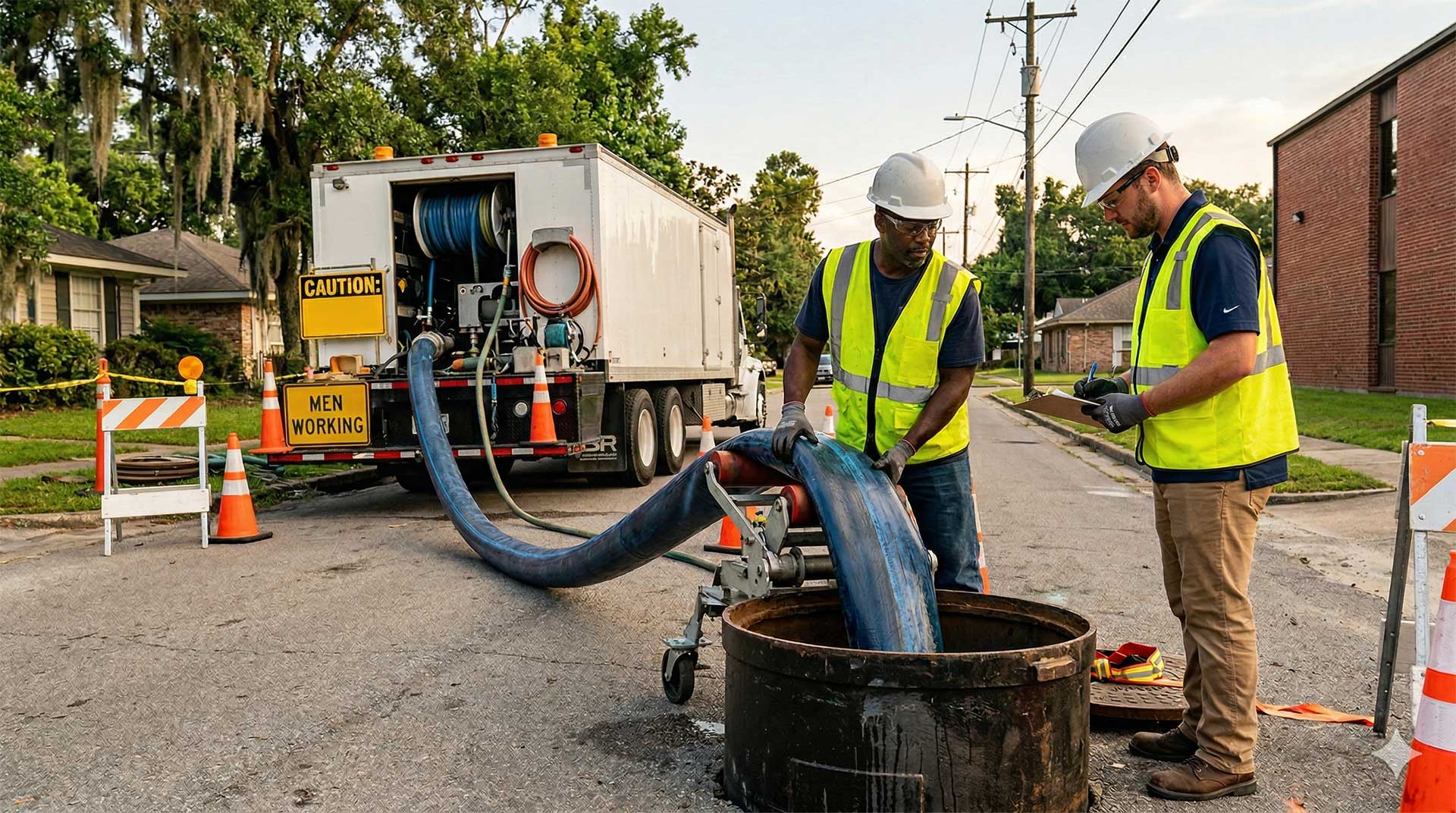 Pelican Underground LLC workers safely maintain underground utilities on a blocked-off street using special equipment.