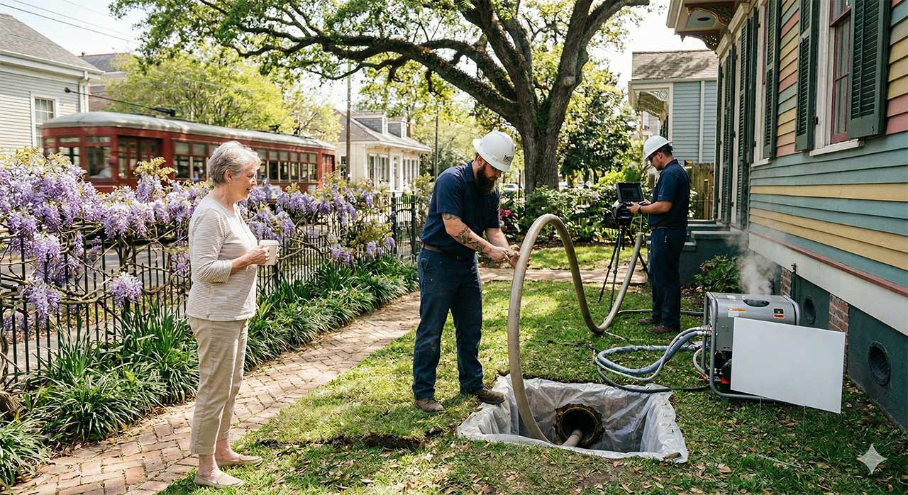 Pelican Underground LLC workers fix an outdoor pipe for a homeowner, showing safe, reliable help in neighborhood repairs.