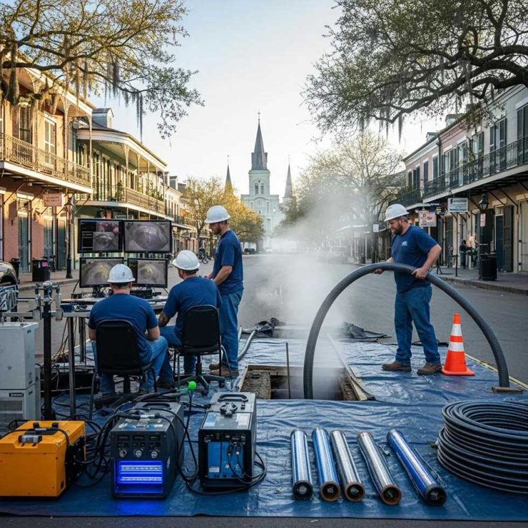 Pelican Underground Llc workers improve city utilities near St. Louis Cathedral, keeping the area safe and up to date.