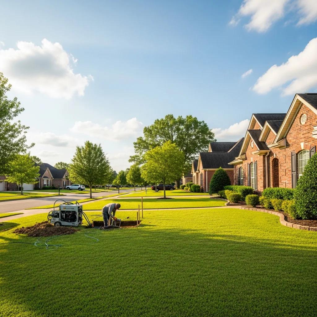 Pelican Underground Llc worker installs irrigation at a suburban home, showing helpful yard and water system service.