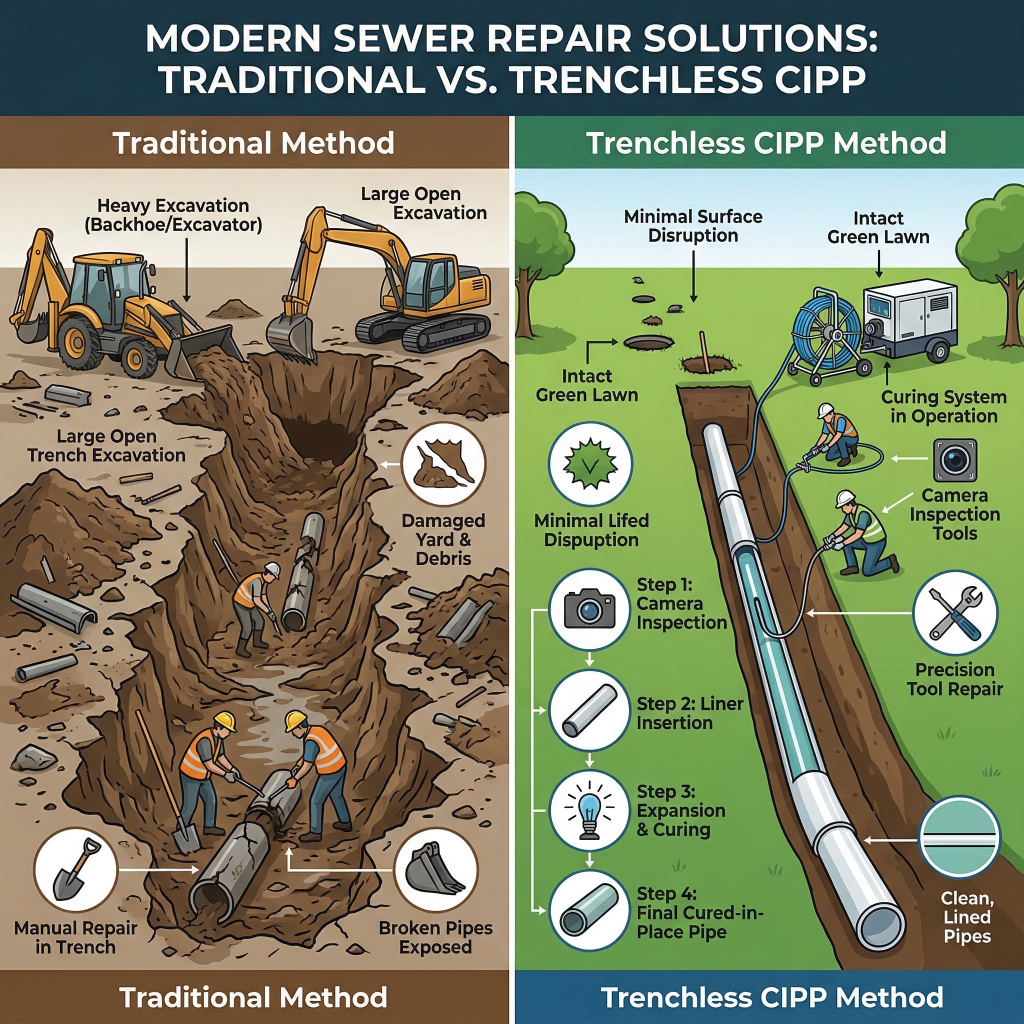 Pelican Underground LLC shows how trenchless CIPP repairs pipes with less mess and faster work than traditional open trench fixes.