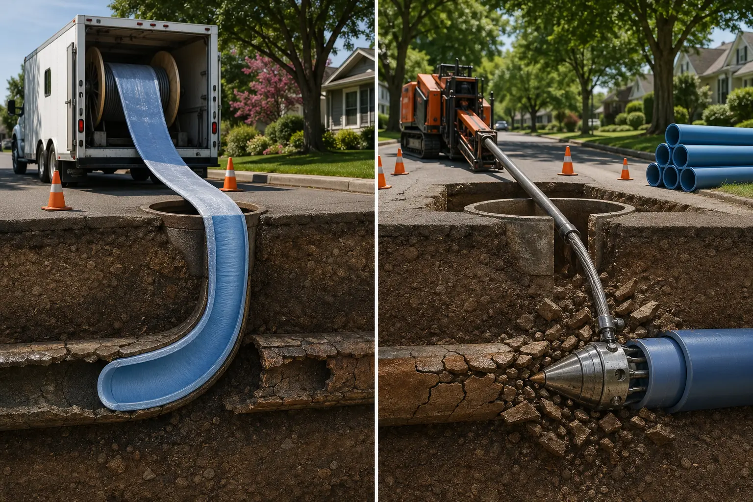 Pelican Underground LLC shows how machines replace and fix old sewer pipes with new blue liners for better water flow.