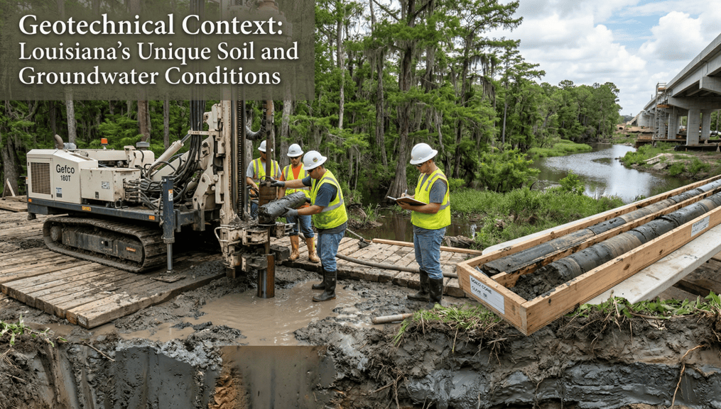 Pelican Underground LLC performing soil studies in Louisiana, showing local ground and water challenges.