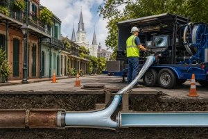 Pelican Underground LLC worker uses machinery to fix city pipes, showing safe repairs in a busy historic area.