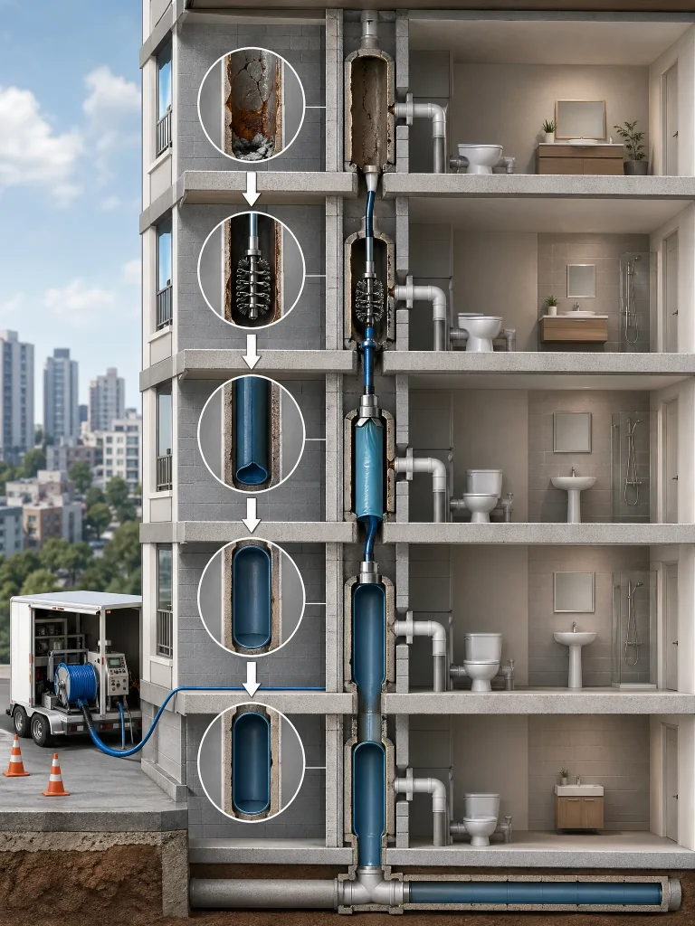 Pelican Underground LLC repairs building pipes with blue lining, using tools from a van, fixing pipes serving each floor’s bathrooms.