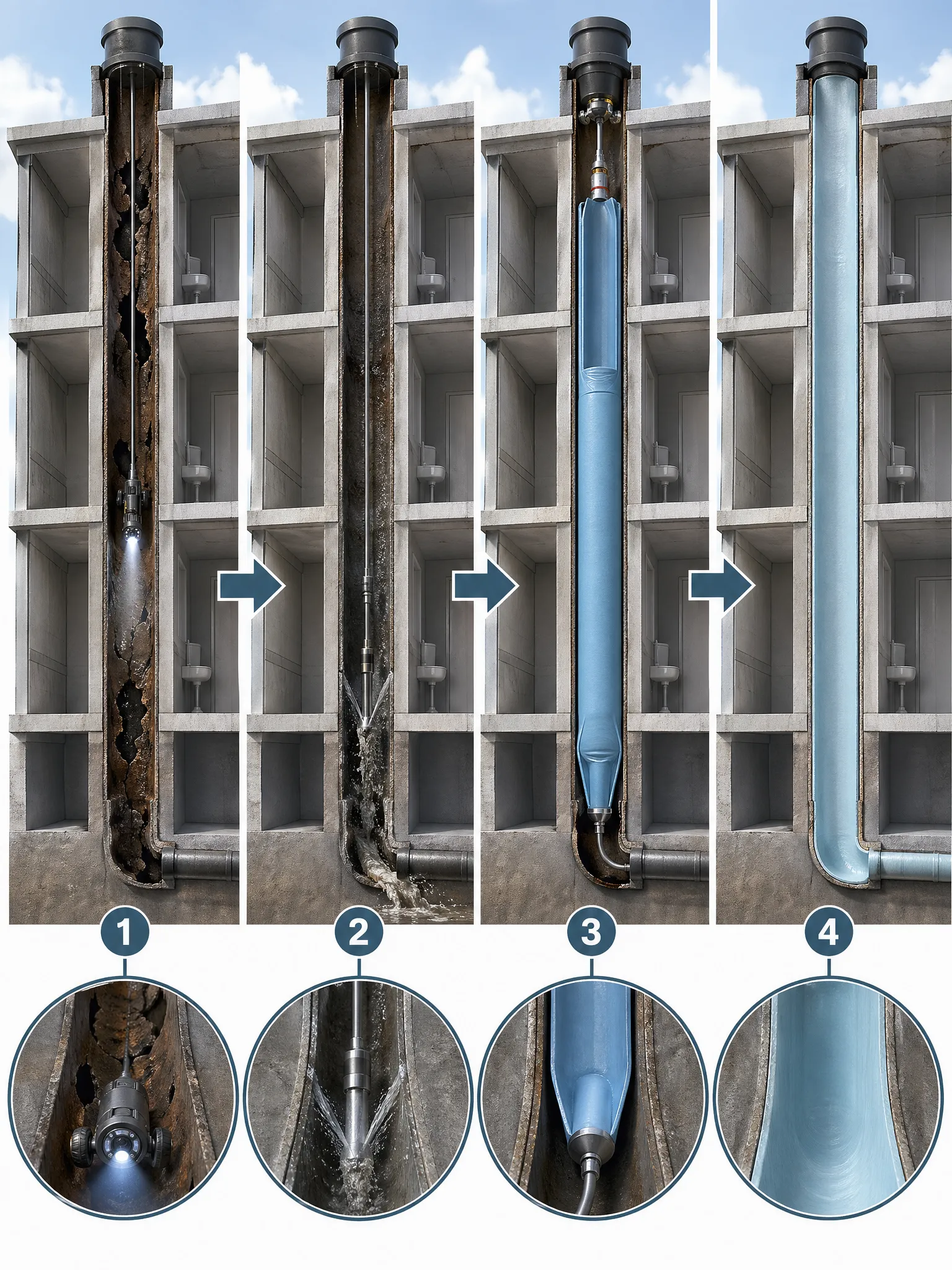 Pelican Underground LLC steps for fixing a building’s pipe, from cleaning damage to installing a smooth new liner.