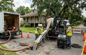 Pelican Underground LLC workers use special equipment to safely fix underground pipes in a neighborhood street.