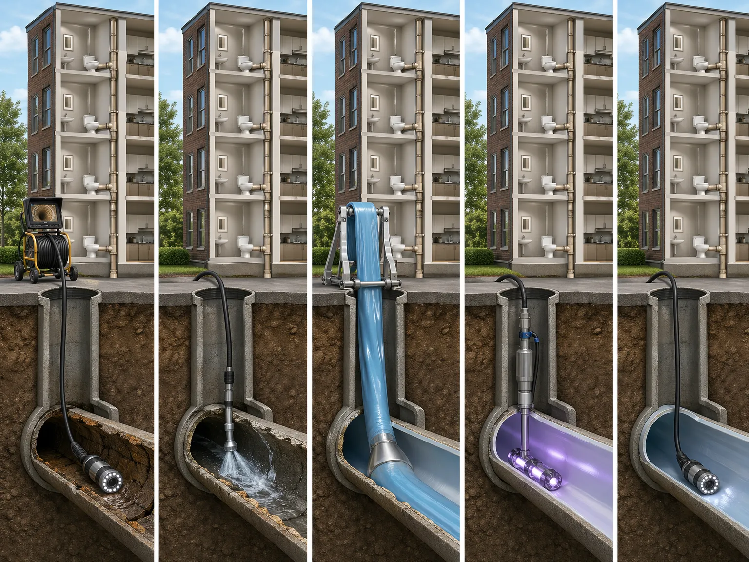 Pelican Underground LLC shows how pipes under a building are fixed and renewed step by step for better water flow.