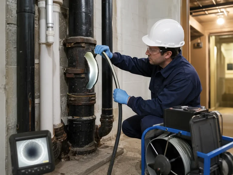 Pelican Underground LLC worker checks pipes indoors with a camera system to make sure everything inside is safe and clear.