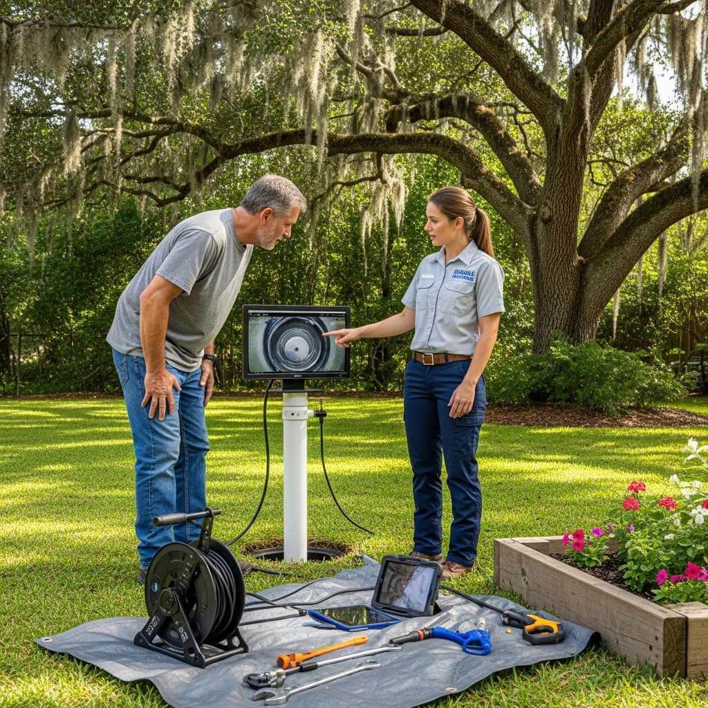 Pelican Underground Llc technician explains a pipe inspection to a customer, showing clear results in an outdoor setting.