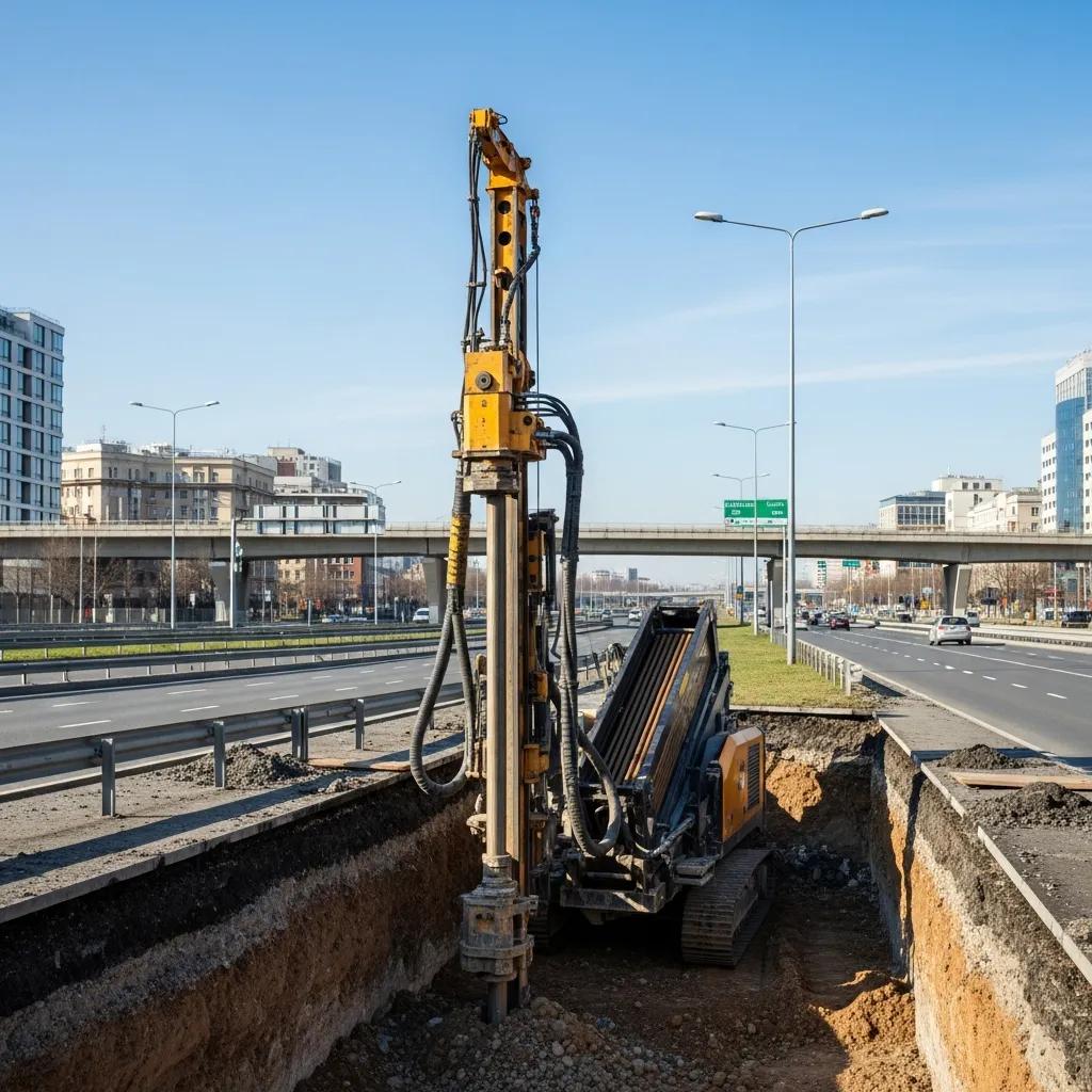 Pelican Underground Llc works on city road construction using a drilling machine, showing modern urban development.
